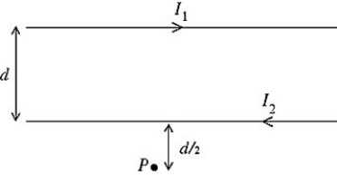 As shown in the figure,two long straight wires are separated by a distance of   The currents are   to the right in the upper wire and   to the left in the lower wire.What are the magnitude and direction of the magnetic field at point P,which is a distance   below the lower wire?    <div style=padding-top: 35px> 