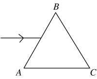<strong>Light in air is initially traveling parallel to the face AC of an equilateral triangular prism,as shown in the figure.The prism is made of glass with an index of refraction of 1.52.If the light does not strike the face AC,what is the angle between the ray as it leaves the prism at face BC and the normal in air at that face? </strong> A) 83° B) 19° C) 59° D) 27° E) 55°