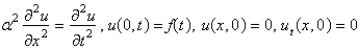 <strong>Consider a semi-infinite, elastic, vibrating string, with zero initial position and velocity, driven by a vertical force at , so that . Assume that . The mathematical model for the deflection, , is</strong> A) B) C) D) E)