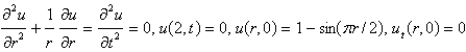 <strong>Consider the vibrations of a circular membrane of radius 2 clamped along the circumference, with an initial displacement of and an initial velocity of zero. The mathematical model for this situation is</strong> A) B) C) D) E)