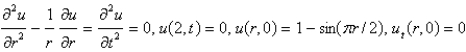 <strong>Consider the vibrations of a circular membrane of radius 2 clamped along the circumference, with an initial displacement of and an initial velocity of zero. The mathematical model for this situation is</strong> A) B) C) D) E)
