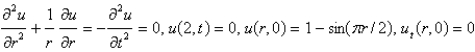 <strong>Consider the vibrations of a circular membrane of radius 2 clamped along the circumference, with an initial displacement of and an initial velocity of zero. The mathematical model for this situation is</strong> A) B) C) D) E)