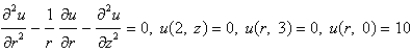 <strong>Consider the steady-state temperature distribution in a circular cylinder of radius 2 and height 3, with zero temperature at and at and a temperature of 10 at . The mathematical model for this problem is</strong> A) B) C) D) E)