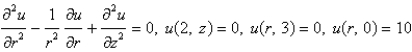<strong>Consider the steady-state temperature distribution in a circular cylinder of radius 2 and height 3, with zero temperature at and at and a temperature of 10 at . The mathematical model for this problem is</strong> A) B) C) D) E)