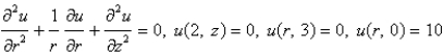 <strong>Consider the steady-state temperature distribution in a circular cylinder of radius 2 and height 3, with zero temperature at and at and a temperature of 10 at . The mathematical model for this problem is</strong> A) B) C) D) E)