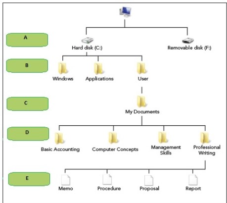 <strong> The folders in the level marked by box ____ in the accompanying figure are designed to contain subfolders for your personal files.</strong> A) A B) B C) C D) D
