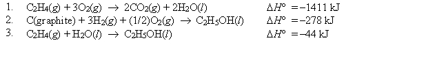 <strong>Using Hess's law and equations 1-3 below, find \Delta H° at 25°C for the oxidation of C<sub>2</sub>H<sub>5</sub>OH(l). C<sub>2</sub>H<sub>5</sub>OH(l) + 3O<sub>2</sub>(g) \rightarrow 3H<sub>2</sub>O(l) + 2CO<sub>2</sub>(g) </strong> A) -1367 kJ B) 44 kJ C) 632 kJ D) -1742 kJ E) none of these