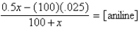 <strong>Consider the titration of 100.0 mL of 0.250 M aniline (K<sub>b</sub> = 3.8 *10<sup>-</sup><sup>10</sup>) with 0.500 M HCl. For calculating the volume of HCl required to reach a pH of 8.0, which of the following expressions is correct? (x = volume, in milliliters, of HCl required to reach a pH of 8.0)</strong> A)   B)   C)   D) [H<sup>+</sup>] = x E) none of these <div style=padding-top: 35px> 