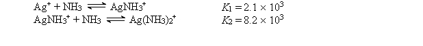 Consider a solution made by mixing 500.0 mL of 4.0 M NH<sub>3</sub> and 500.0 mL of 0.40 M AgNO<sub>3</sub>. Ag<sup>+</sup> reacts with NH<sub>3</sub> to form AgNH<sub>3</sub><sup>+</sup> and Ag(NH<sub>3</sub>)<sub>2</sub><sup>+</sup>: The concentration of Ag(NH<sub>3</sub>)<sub>2</sub><sup>+</sup> at equilibrium is