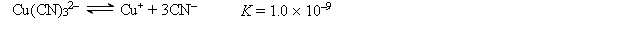 A 50.0-mL sample of 2.0 <font face=symbol></font> 10<sup>-</sup><sup>4</sup> M CuNO<sub>3</sub> is added to 50.0 mL of 4.0 M NaCN. Cu<sup>+</sup> reacts with CN<sup>-</sup> to form the complex ion Cu(CN)<sub>3</sub><sup>2</sup><sup>-</sup>: Calculate the solubility of CuBr(s) (K<sub>sp</sub> = 1.0 <font face=symbol></font> 10<sup>-</sup><sup>5</sup>) in 1.0 L of 1.0 M NaCN.
