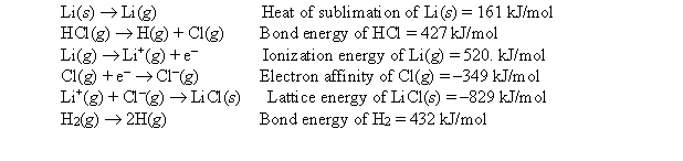 <strong>Given the following information: calculate the net change in energy for the reaction 2Li(s) + 2HCl(g) \rightarrow 2LiCl(s) + H<sub>2</sub>(g)</strong> A) -179 kJ B) 362 kJ C) -70. kJ D) -572 kJ E) None of these
