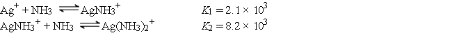 Consider a solution made by mixing 500.0 mL of 4.0 M NH<sub>3</sub> and 500.0 mL of 0.40 M AgNO<sub>3</sub>. Ag<sup>+</sup> reacts with NH<sub>3</sub> to form AgNH<sub>3</sub><sup>+</sup> and Ag(NH<sub>3</sub>)<sub>2</sub><sup>+</sup>: The concentration of Ag(NH<sub>3</sub>)<sub>2</sub><sup>+</sup> at equilibrium is