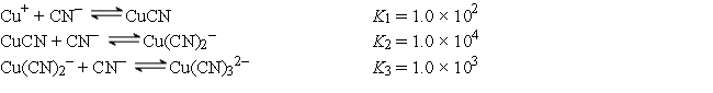 A solution is formed by mixing 50.0 mL of 10.00 M NaCN with 50.0 mL of 2.0 × 10<sup>-3</sup> M CuNO<sub>3</sub>. Cu(I) forms complex ions with cyanide as follows:   Calculate the following concentrations at equilibrium: -[Cu<sup>+</sup>]
