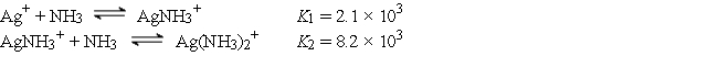 The Ag<sup>+</sup> ion reacts with NH<sub>3</sub> to form the following complex ions: AgCl (K<sub>sp</sub> = 1.6 × 10<sup>-10</sup>) is dissolved to its solubility limit in 10.0 M NH<sub>3</sub>. Calculate the equilibrium concentrations of Ag<sup>+</sup>, Cl<sup>-</sup>, Ag(NH<sub>3</sub>)<sub>2</sub><sup>+</sup>, and NH<sub>3</sub>.
