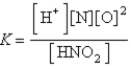 <strong>For the equilibrium that exists in an aqueous solution of nitrous acid (HNO<sub>2</sub>, a weak acid), the equilibrium constant expression is</strong> A)   B)   C)   D) K = [H<sup>+</sup>][NO<sub>2</sub><sup>-</sup>] E) none of these <div style=padding-top: 35px> 