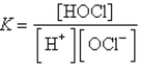 <strong>Which of the following is the equilibrium constant expression for the dissociation of the weak acid HOCl?</strong> A)   B) K = [H<sup>+</sup>][OCl<sup>-</sup>] C)   D)   E) none of these <div style=padding-top: 35px> 