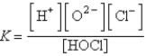 <strong>Which of the following is the equilibrium constant expression for the dissociation of the weak acid HOCl?</strong> A)   B) K = [H<sup>+</sup>][OCl<sup>-</sup>] C)   D)   E) none of these <div style=padding-top: 35px> 
