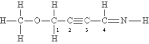 <strong>Consider the following Lewis structure: What is the hybridization of the atoms O,C-1,C-2,and C-4?</strong> A)sp<sup>3</sup> sp<sup>3</sup> sp sp<sup>2</sup> B)sp sp<sup>3</sup> sp sp C)sp sp<sup>2</sup> sp sp<sup>2</sup> D)sp<sup>2</sup> sp<sup>3</sup> sp<sup>2</sup> sp<sup>3</sup> E)sp<sup>3</sup> sp sp sp<sup>2</sup> O C-1 C-2 C-4
