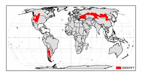 <strong>The climate zone shown on the map below is  </strong> A) cold midlatitude steppe. B) Mediterranean dry summer. C) hot low-latitude desert. D) cold midlatitude desert. E) hot low-latitude steppe. <div style=padding-top: 35px> 