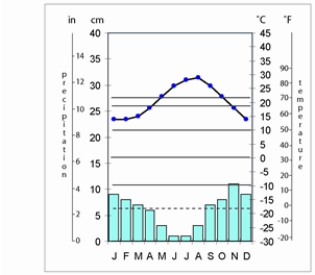 <strong>The climograph of Rome,Italy,shown below,is  </strong> A) humid continental mild-summer. B) humid subtropical hot-summer. C) Mediterranean dry-summer. D) humid continental hot-summer. E) marine west-coast. <div style=padding-top: 35px> 