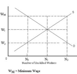 <strong>  Refer to Exhibit 4-7.How many fewer persons work in the unskilled labor market at the minimum wage (W<sub>M</sub>)than at the equilibrium wage (W<sub>1</sub>)?</strong> A) (N<sub>2</sub> - N<sub>1</sub>)persons B) (N<sub>1</sub> - N<sub>3</sub>)persons C) (N<sub>2</sub> - N<sub>3</sub>)persons D) N<sub>3</sub> persons E) none of the above <div style=padding-top: 35px> 