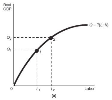 -Refer to Exhibit 17-2.Assume that the starting point is always point 1.Which of the production function graphs shown,(a)or (b),represents an increase in the quantity of labor,and which represents an increase in the quantity of capital,respectively?