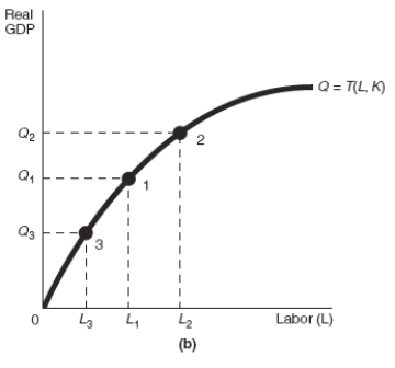 -Refer to Exhibit 17-4 Assume that the starting point in graphs (a)and (b)in Exhibit 17-4 is point 1.After a decrease in income taxes,there would be a ______________________ which would cause a movement along the production function from point 1 to point ______________.The result would be a shift of the LRAS curve from LRAS<sub>1</sub> to _______________ resulting in _______________..