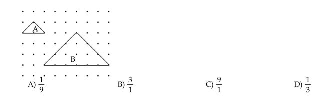 Find the area if the distance between two adjacent dots in a row or column is one unit. What is the ratio of the area of B to the area of A.