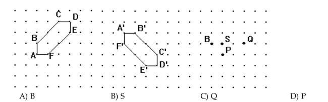 A figure ABCDEF and its image A'B'C'D'E'F' after a rotation are given. Which point of the grid is the center of rotation?