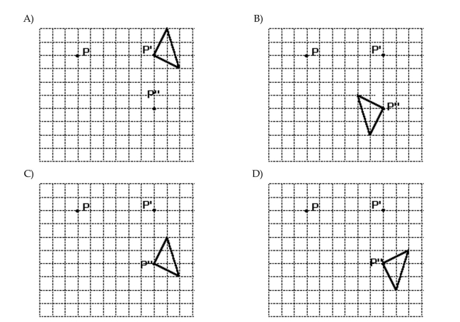 If the given figure goes through the reflection that sends P to P', followed by the reflection of the resulting figure that sends P' to P'', find the final image.