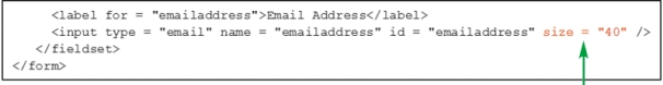 <strong> In the accompanying figure,which of the following is true for the emailaddress text box?</strong> A) It is approximately 40 characters wide. B) It is 20 characters wide by default,but can expand to 40 characters. C) It is 0 characters wide because the size attribute is not specified. D) none of the above