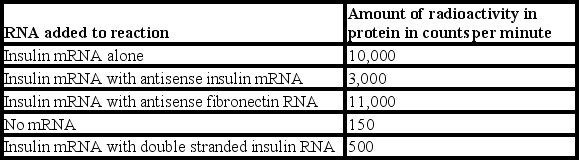 <strong>In an in vitro translation assay radioactive amino acids can be incorporated into proteins and the proteins separated from the unincorporated amino acids (higher counts per minute indicates more protein synthesis). Given the following data what are the conclusions that you would come to? </strong> A) Double stranded RNA is more efficient at inhibiting translation than antisense RNA B) Antisense RNA is more efficient at inhibiting translation than double stranded RNA C) No conclusion about the efficiency of translation inhibition can be made as the positive and negative controls did not perform appropriately D) The experiment did not work since the antisense fibronectin did not have an effect on amino acid incorporation.