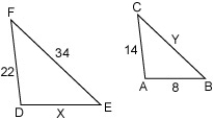 <strong>Find the value of y given that the two triangles, 6ABC and 6DEF, are similar. </strong> A)38.5 B)21.6 C)12.6 D)53.4