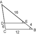 <strong>Using 6ABC~6AED, find the length of DE. </strong> A)9.6 C) 48 D) 15