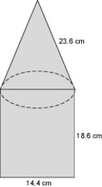A capsule is made with a rectangular solid base that has dimensions of 14.4 cm × 14.4 cm × 18.6 cm. The cone sits on top and has a slant height of 23.6 cm. Determine the volume of the capsule.