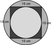 Find the difference in the area of a circle circumscribed about a square with sides of 10 cm and the area of the circle inscribed inside the same square.