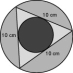 Find the difference in the area of a circle circumscribed about an equilateral triangle with sides of 10 cm and the area of the circle inscribed inside the same equilateral triangle.