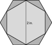 Taylor used a regular hexagonal stock with a 2-in. distance across the flats to mill a new hexagonal rod as illustrated in the cross-section. Assume the vertices of the inside hexagon are the midpoints of the original hexagon's sides. What is the area milled off the original hexagon to create the new one?