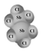 <strong>Examine the following molecule.The component atoms are labeled. What is the empirical formula for this substance?</strong> A)SbCl<sub>2</sub> B)SbCl<sub>3</sub> C)Sb<sub>2</sub>Cl<sub>6</sub> D)SbCl E)Sb<sub>2</sub>Cl