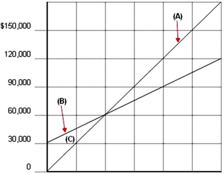 <strong>Consider the following cost-volume-profit graph: The line designated by the letter (B)represents which of the following?</strong> A) Variable cost B) Break-even C) Total revenue D) Total cost