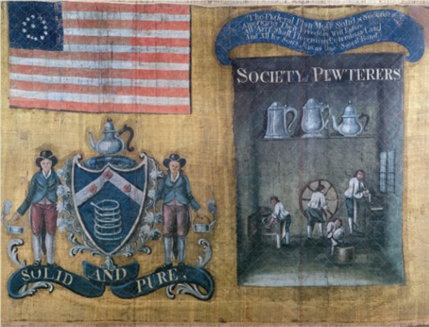 <strong>For this question,refer to the banner of the Society of Pewterers of New York City,carried in the Federal Procession,July 23,1788,celebrating the ratification of the U.S.Constitution. The ribbon at top right reads,The Federal Plan Most Solid & Secure/Americans Their Freedom Will Endure/All Art Shall Flourish in Columbia's Land/And All her Sons Join as One Social Band. The ideas expressed in the image above most clearly show the influence of</strong> A) the creation of political parties to promote the agendas of various regional interest groups. B) radical and populist movements pushing more extensive reforms. C) the Market Revolution's widening of the gap between the emerging middle and working classes. D) the development of a culture reflecting the interests of an emerging urban middle class.