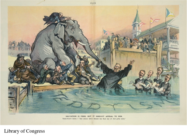 <strong>For this question,refer to the following 1912 cartoon from the political humor magazine Puck. The cartoon above was most likely created in response to the</strong> A) attempts of progressive reformers to reform existing political institutions. B) calls for the creation of a stronger financial regulatory system due to episodes of credit and market instability. C) transformation of American society and the nation's economy by the continued growth of large corporations. D) aims of big business leaders and their allies in government to create a unified industrialized nation.