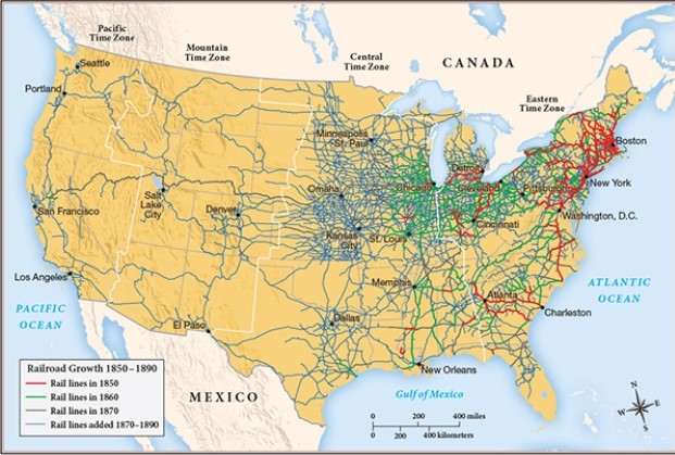 <strong>For this question,refer to the following map,Expansion of the Railroad System,1870-1890. Which of the following was a major cause of the historical process depicted on the map above?</strong> A) Government policies promoting economic development B) White people seeking religious refuge in the West C) Corruption in government,especially as it related to big business D) An increase in international and internal migrations