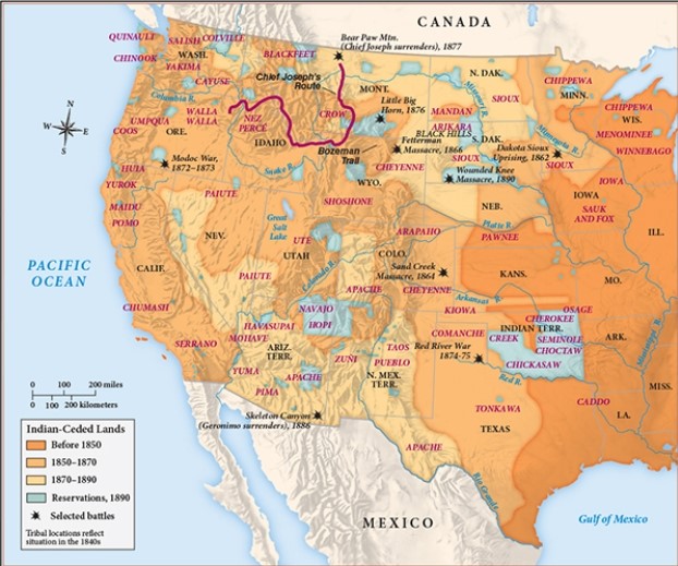 <strong>For this question,refer to the following map,Indian Country in the West,to 1890. The changes depicted on the map above were most directly the result of</strong> A) economic instability in the farming sector. B) the development of mechanized agriculture. C) the rise of big business. D) the use of military force in response to American Indian resistance.