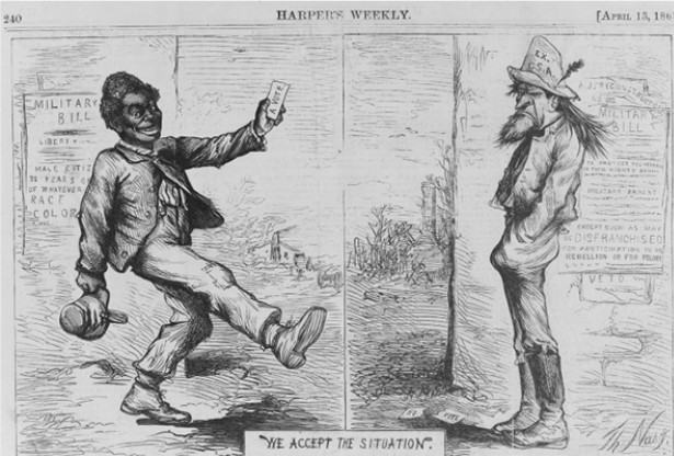 <strong>For this question,refer to the following Thomas Nast cartoon from Harper's Weekly,April 14,1867. The controversy depicted in the cartoon above led most directly to</strong> A) a waning of resolve on the part of the North to secure African American rights and change southern culture. B) the permanent opening up of political opportunities to former slaves. C) increasingly prominent racist and nativist theories being used to justify discrimination and segregation. D) the call by southern leaders for a New South.