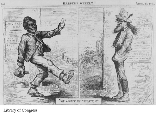 <strong>For this question,refer to the following Thomas Nast cartoon from Harper's Weekly,April 14,1867. Which of the following groups would be most likely to support the perspective of the cartoon?</strong> A) Women activists B) Union movements C) Immigrants D) Ex-Confederates