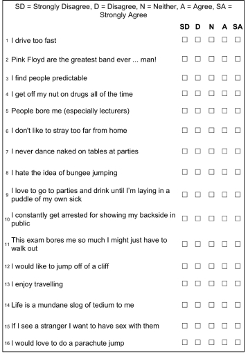 <strong>Marvin Zuckerman's work on dimensions of sensation seeking reveals four dimensions to this trait: (1) thrill and adventure seeking susceptibility to boredom (e.g., being easily bored by predictable experiences and people). These dimensions are theoretically independent. A researcher was interested in designing a new questionnaire to measure sensation seeking. A 16-item questionnaire using a 5-point Likert scale (1 = strongly disagree, 2 = disagree, 3 = neither, 4 = agree, 5 = strongly agree) was devised and given to 750 people. Based on the SPSS output below, what could you conclude? Based on the SPSS Output below, that relates to the analysis of the sensation-seeking questionnaire, what could you conclude? </strong> A)The analysis has been conducted on an adequately sized sample. B)The analysis has not been conducted on an adequately sized sample. C)It's unclear whether the sample size is adequate but there is significant multicollinearity in the data. D)There is singularity in the data.