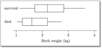<strong>What conclusion can be drawn from the boxplot below? </strong> A) More infants with SIRDS survived than died. B) Infant survival in cases of SIRDS is related to birthweight. C) Deaths of SIRDS were higher than survivors. D) None of the above.