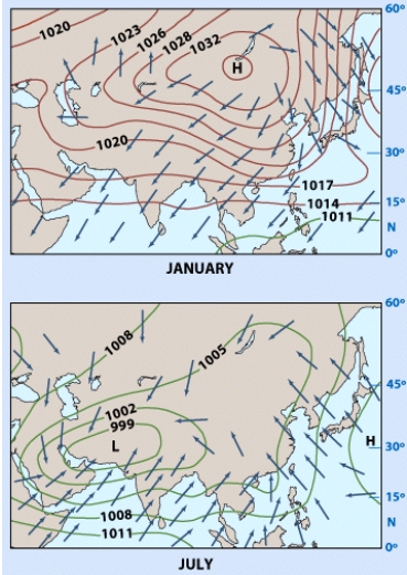 <strong>The typical weather conditions experienced at the central low pressure location on this map in June would likely be: </strong> A)hot and dry B)hot and moist C)mild and dry D)mild and moist