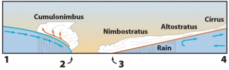 <strong>The warm front in this figure is labeled:  </strong> A)1 B)2 C)3 D)4 <div style=padding-top: 35px> 